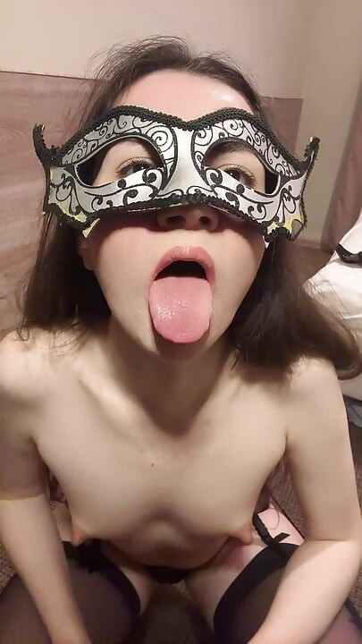 Russian slut in stockings gives drooling blowjob and sucks balls dildo - very dirty