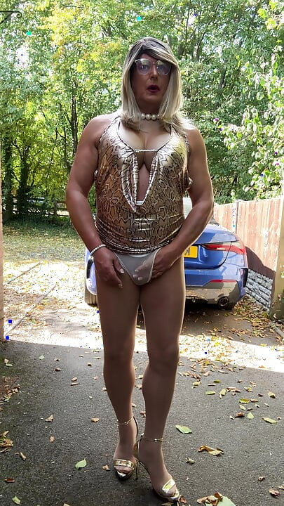 Sexy Crossdresser kellycd2022 in gold leopard print dress tan pantyhose and heels s
