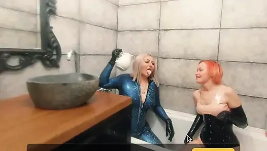 Sütlü lateks kauçukla banyoda rahatla, romantik komik fetiş videosu