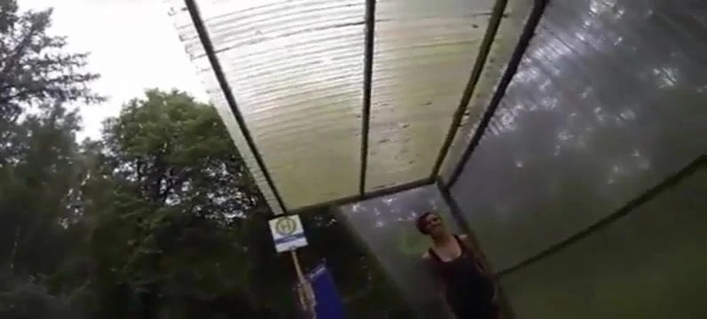 Power piss in bus shelter