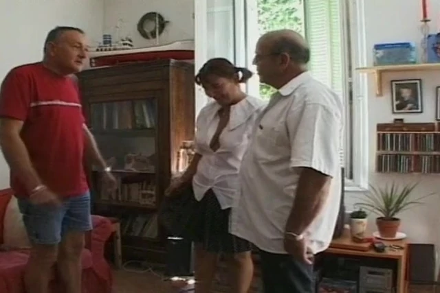 Old French woman getting smashed by two mature cocks