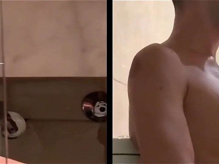 Two Angles - Big Cock and Face Expressions - Intense Quick Jerk off and Cum in the Bathroom