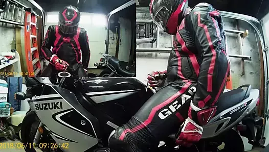Cumming on my bike in lather race suit - 2018