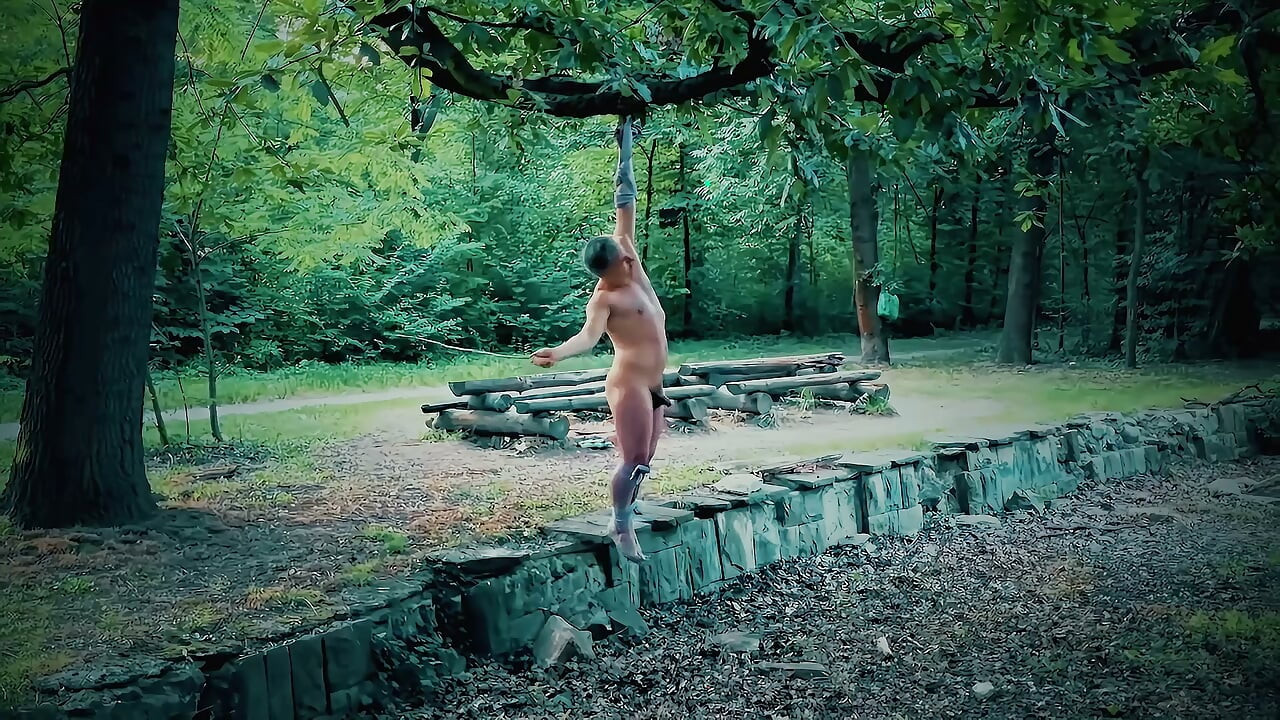 Suspended and Tied Naked Guy Whipped until Orgasm in the Park