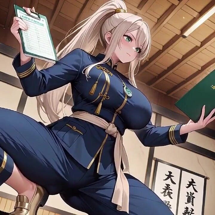 Blonde Samurai in Deep Blue Do-over! Kneeling in the Japanese Corridor, Showing off Her Tender Ass