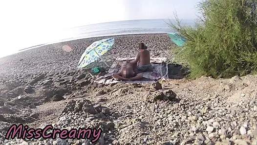 Exhibitionist Wife Outdoor Amateur MILF Blowjob & Handjob Big Cock on Nudity Beach in Front of Follower with Cum