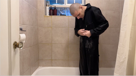 Dec 11 2022 - Dark blue coveralls omorashi pee and shower