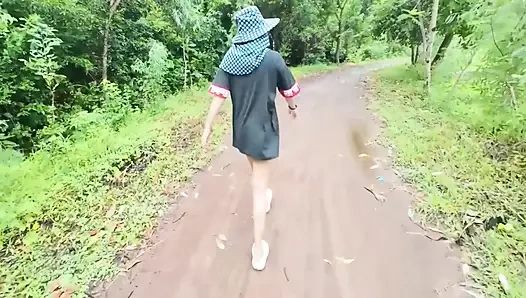 Thai Girl Walking Showing Along the Side of the Field Road in the Countryside Thai Outdoor Public