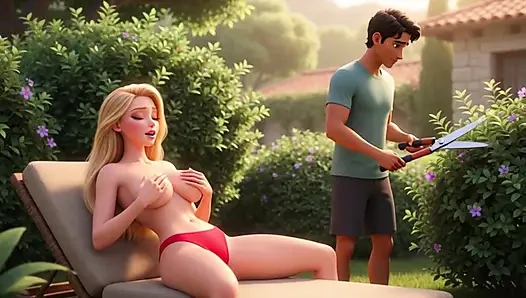 Elegant blonde boss  enjoys  pool with young gardener while husband away (AI generated)
