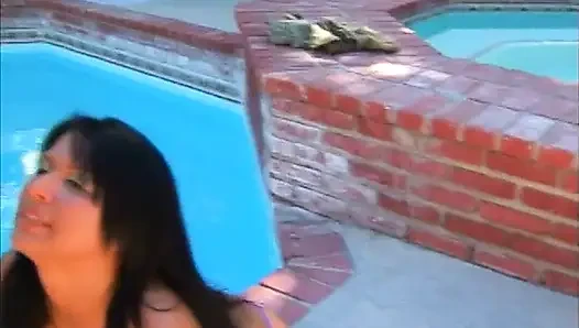 Vivacious brunette getting cum on her natural tits after an outdoors dick sucking session