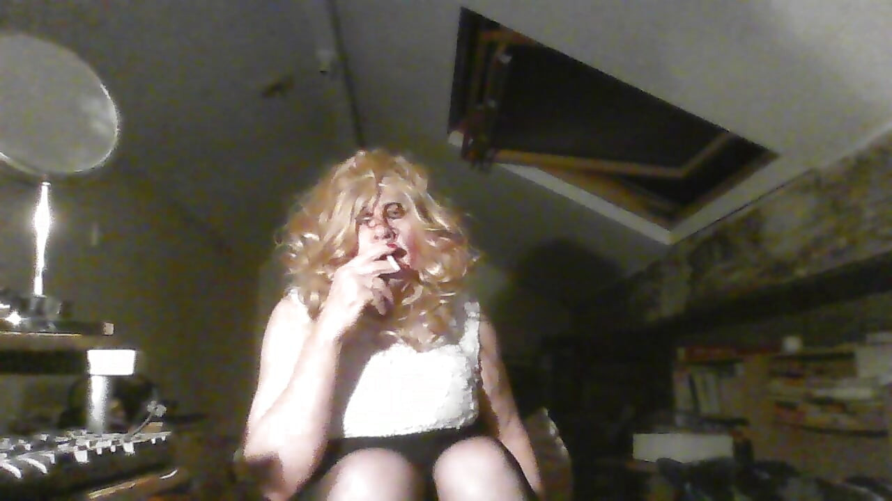 Slag trash Sarah smoking in a designer dress for a special occasion, but  can't resist exhibiting herself for cock