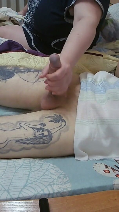 mother-in-law jerks off my dick and watches the sperm flow from the penis | Clip 1
