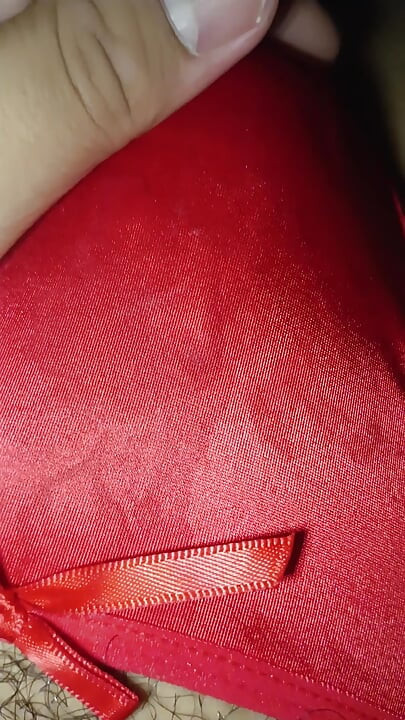 Wife's Sexy Red Thong Full of Cum!