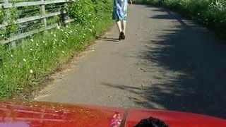 Crossdresser flashing in the countryside