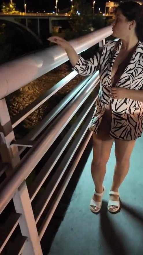 Luscious Milf walks without Bra and Panties on the Bridge | Clip 1