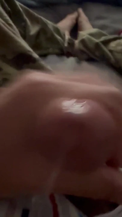 Emotional moment from "Soldier uses vaseline and his cock to have fun wearing his uniform and sarge's boxer shorts!"