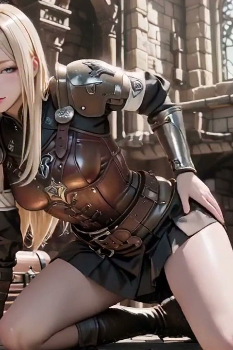 Blonde Knight's Private Awakening! Kneeling in the Castle Courtyard, Sunlight Hitting Her Cold Armor While She Gazes Dreamily.