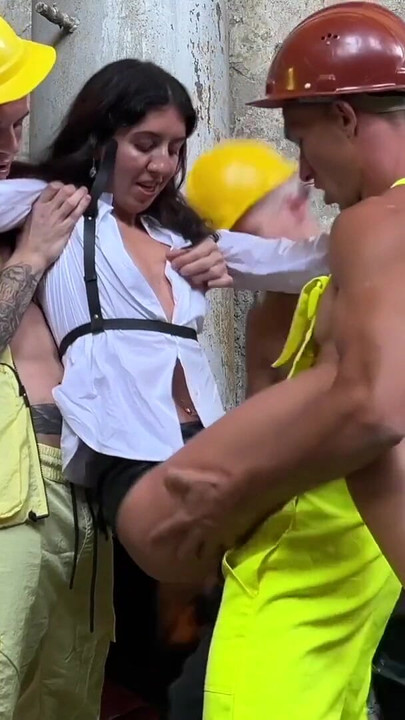 Powerful moment from "Three workers persuade a fragile inspector to fuck. Katty West + DisDiger, Falcon Al and Kit Belove"