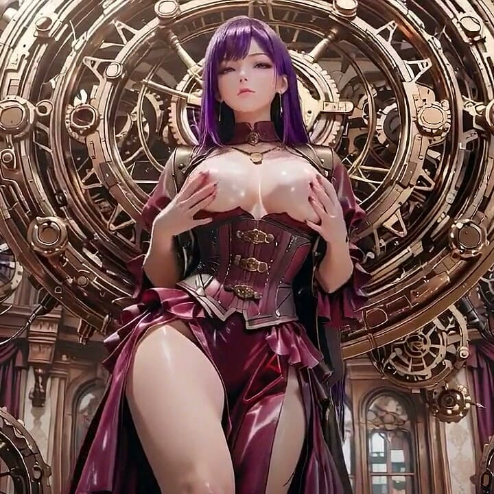Steam-punk Stunner in White! Kneeling Under Giant Gears