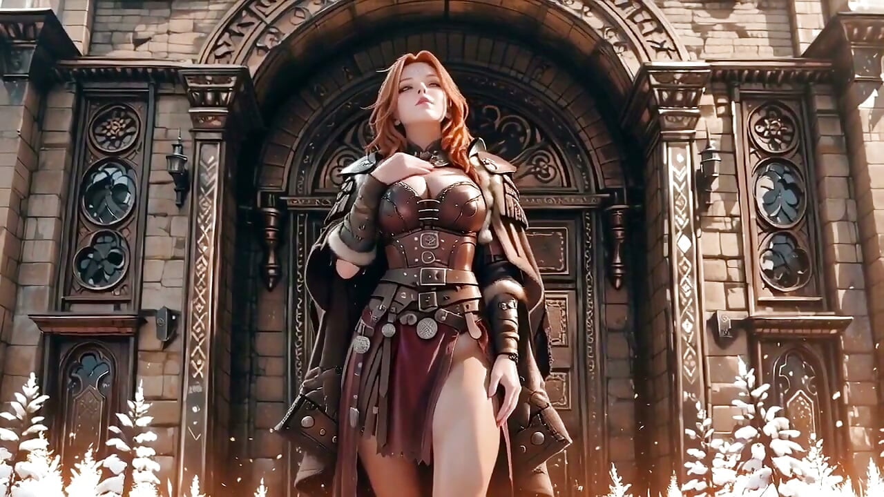 Red-haired Warrior! Forbidden Leather Armor Tease Against Pure White Backdrop.