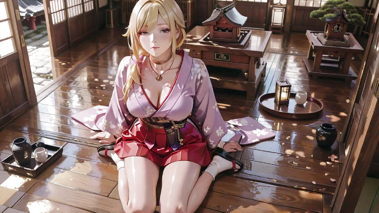 紫色和服幻想！金髮女神在日式走廊中，慵懶眼神，雙手撐腰，陽光灑滿肌膚。