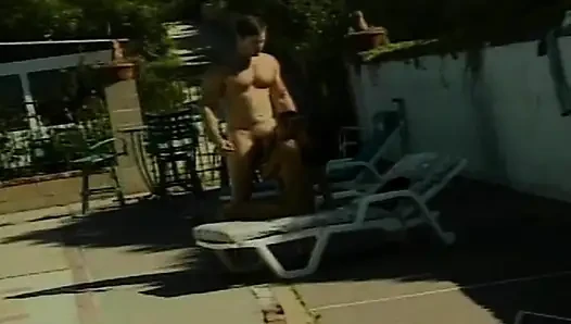 Awesome brunette babe rides dick by the pool