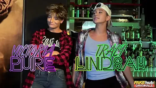 Fakehub Originals - Two Lesbians Seduce Innocent Daphne Angel in a Club for a Shaved Pussy Threesome and Breast Play