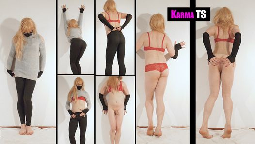 Schattige karmats dansende striptease in sexy legging en hete rode lingerie!