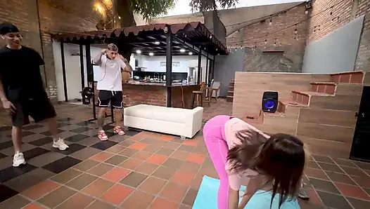 Beautiful Personal Trainer Workouts with 3 Guys and Ends up Fucking Them All