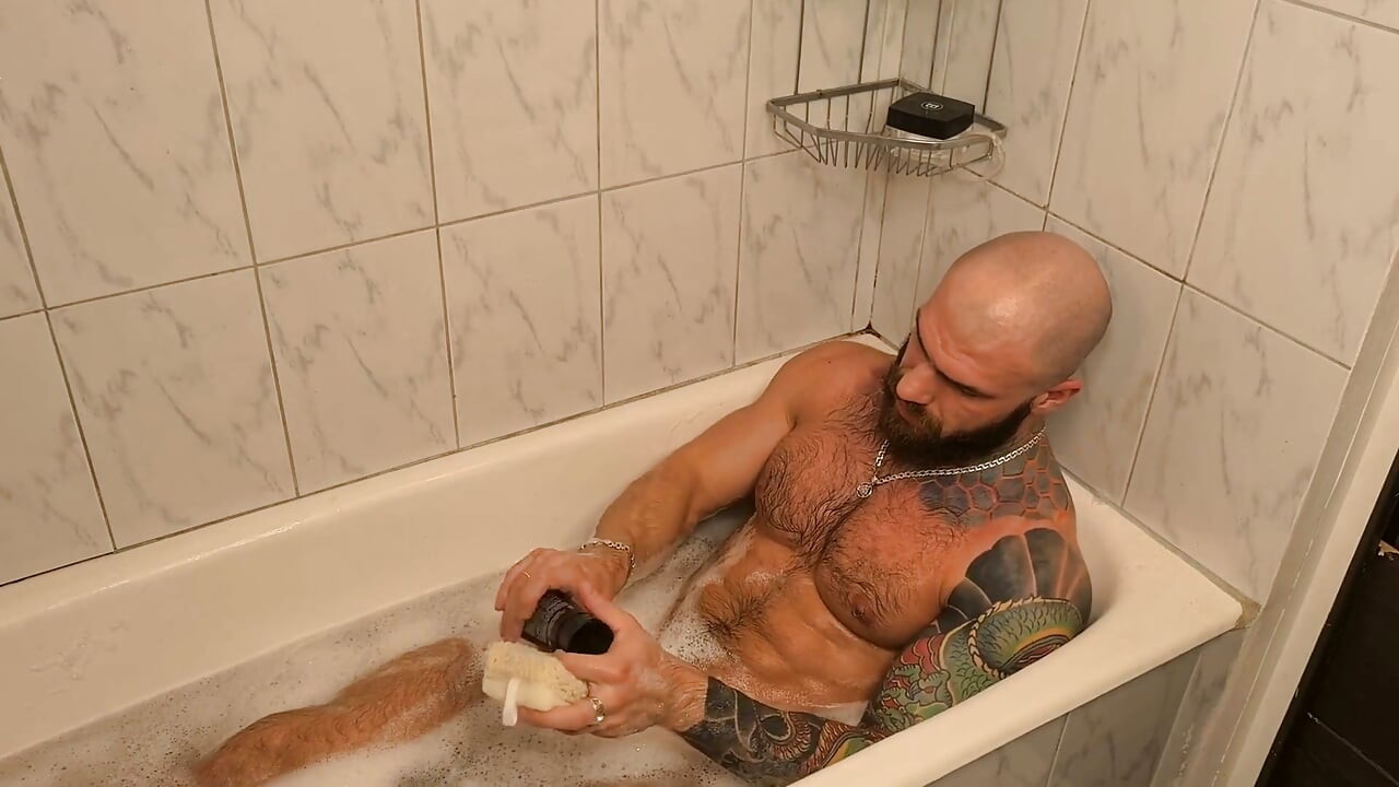Hairy Muscle Stud in the Bath - Chest, Abs and Bush