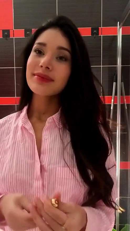 Hot petite brunette babe in the bathroom prepares for a night out in panties and a shirt | Clip 3