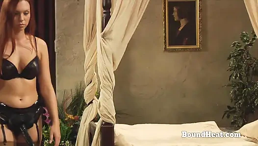 Bent Over Gagged Lesbian Slave Takes Strapon Deep In Pussy