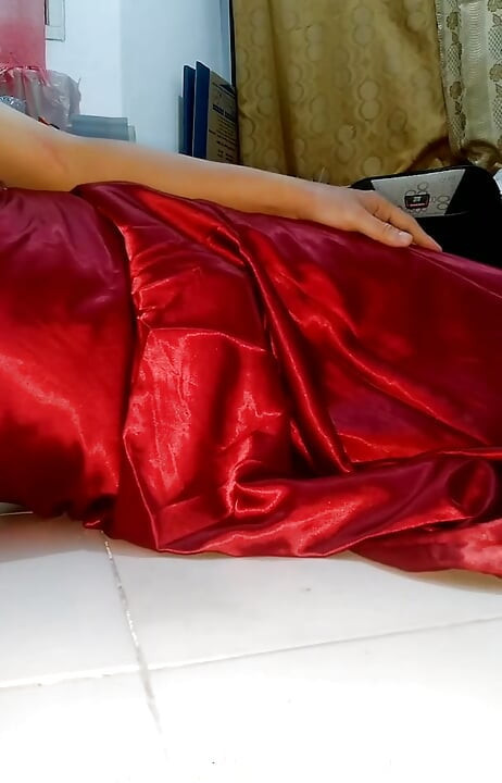 Pulsating Cum Into Red Satin Long Gown