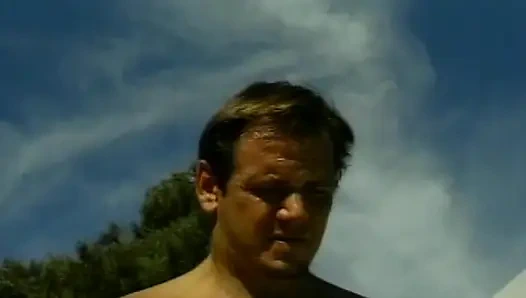 Facial cumshot for a hot blonde babe by the pool