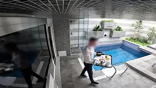 The waiter catches me in sexy lingerie at the pool and I surprise him by giving him a blowjob until he cums in my mouth