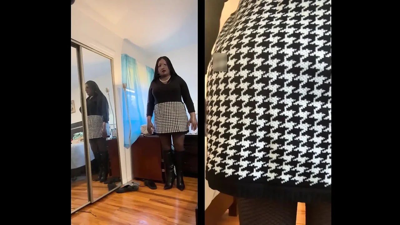 Black Babe Danae in a Sweater Dress Fingering Her Pussy