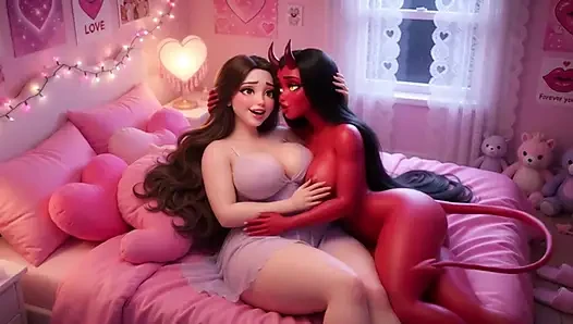 Red Desire Awakens dalam Panggilan Penuh Gairah di Ranjang Merah Muda (AI generated)