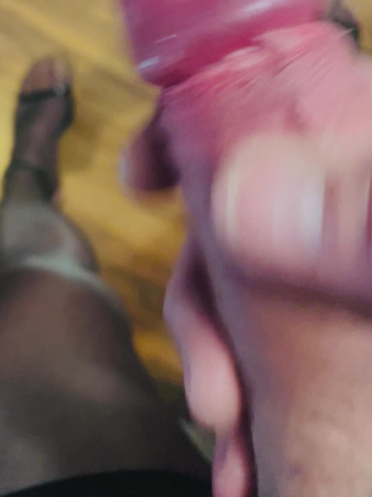 Stroking my cock in a short black dress, stockings and heels