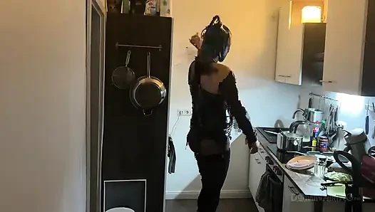 Dominant MILF Stretches Latex Sub's Ass Wide in Kitchen