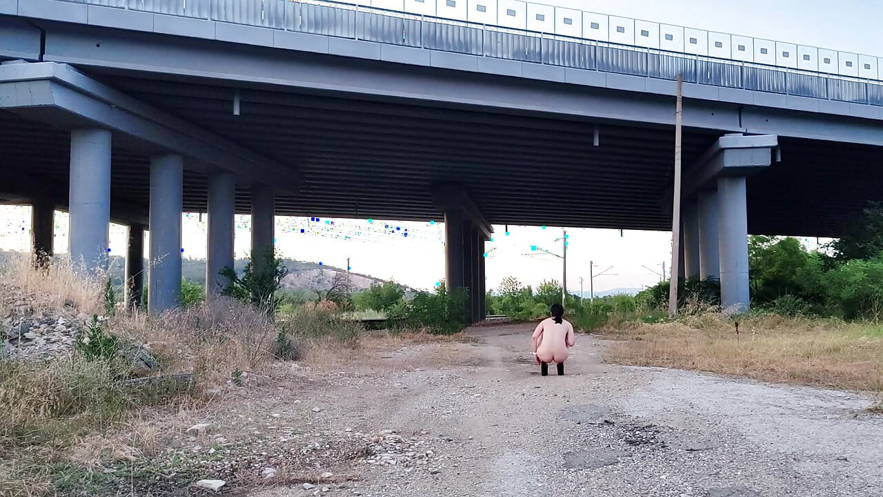 Slave Shows off Her Shaved Pussy on the Train