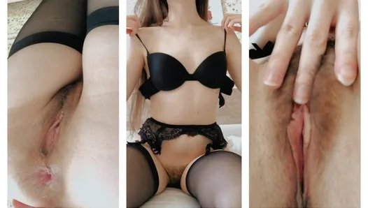 Masturbation féminine en solo, doigtage de chatte poilue et masturbation anale en gros plan avec conversations russes porno