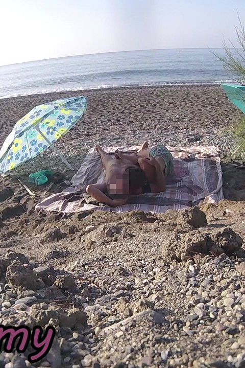 Exhibitionist Wife Outdoor Amateur MILF Blowjob & Handjob Big Cock on Nudity Beach in Front of Follower with Cum