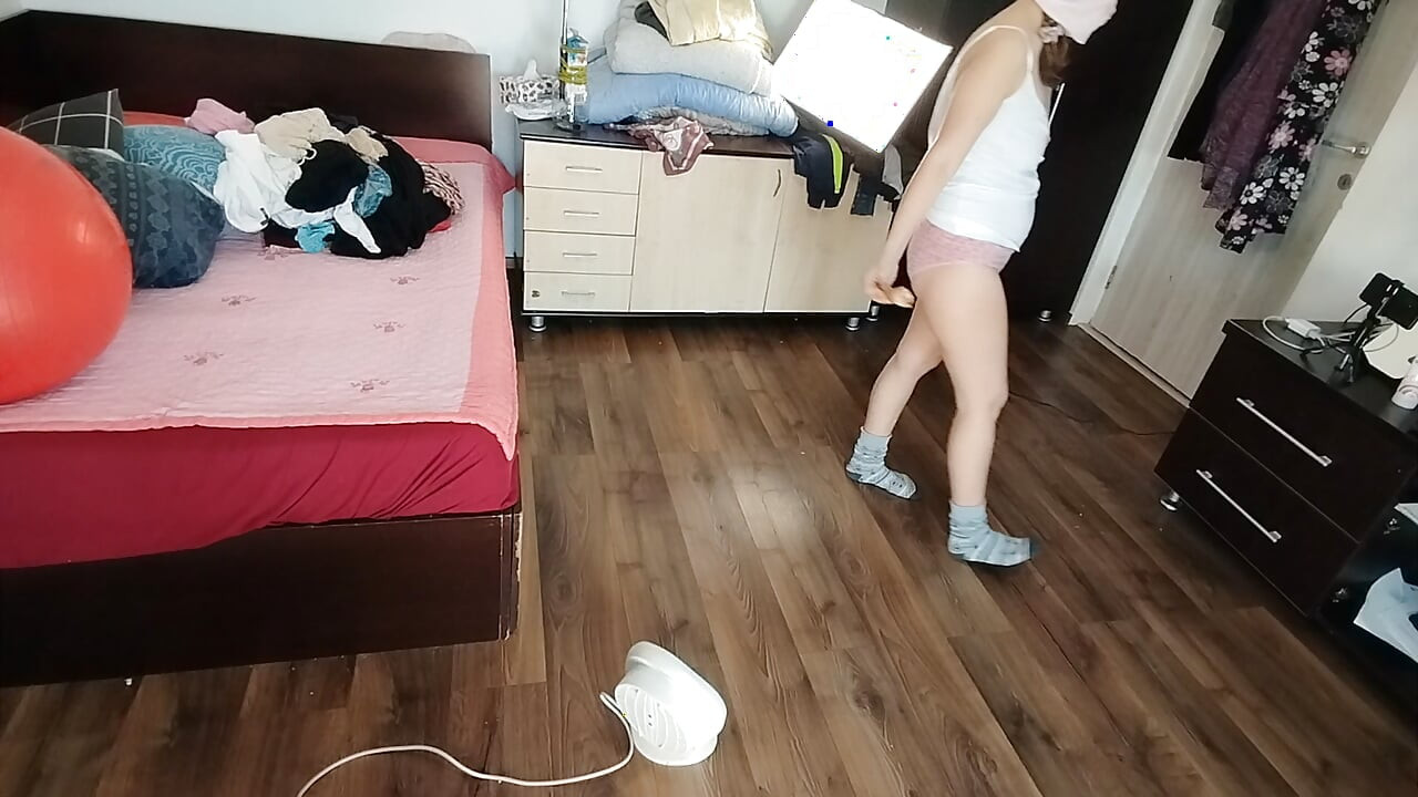 Sexy Brunette Having Fun Trying on Clothes. Sexy Mom Dances Naked Around the House.