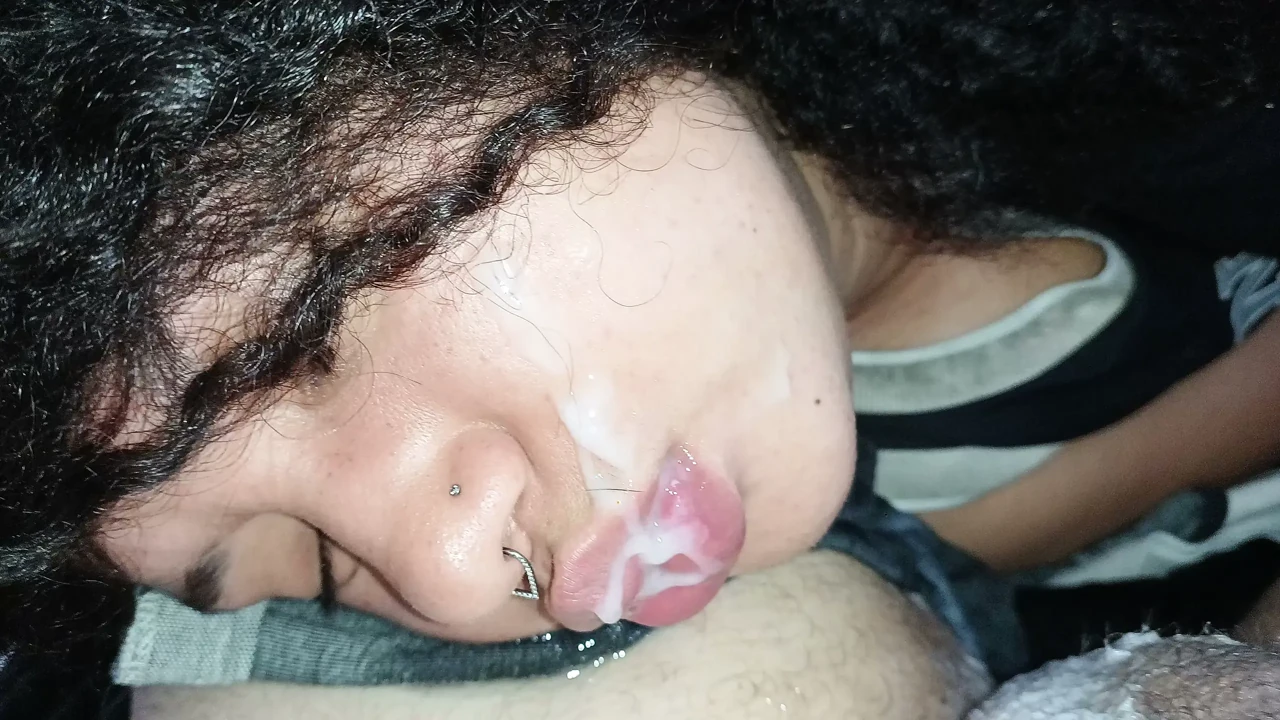 Beautiful POV of a creampie on a slut's face and lips.