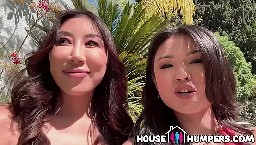 Nicole Doshi и Lulu Chu, горячие лесбиянки молодожены соблазняют риэлтора на Open House и предлагают его в тройничок