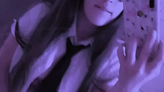 Just a cute naughty student, making a striptease and showing her tongue out begging for u put your hard cock on my mouth