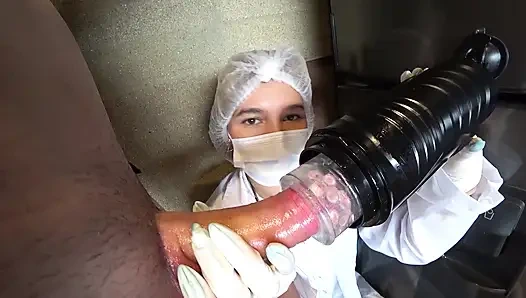 LATINA NURSE milks my CUM sample with Machine and his deepthroat