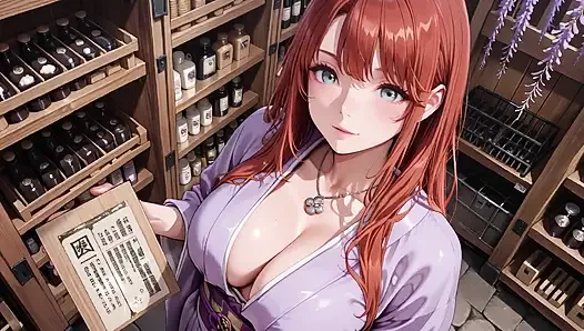 Kızıl saçlı kimono tanrıçası! Kutsal torii kapısının altında diz çöküp, sırılsıklam sırtsız kıyafetini utangaç bir bakışla ayarlıyor.