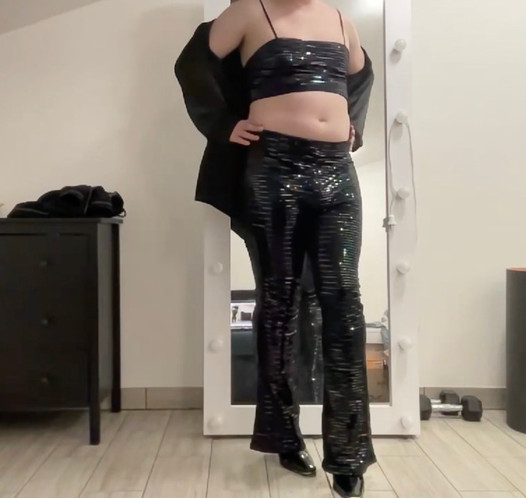 Satin jacket, sequins leggings and sequins crop top tranny