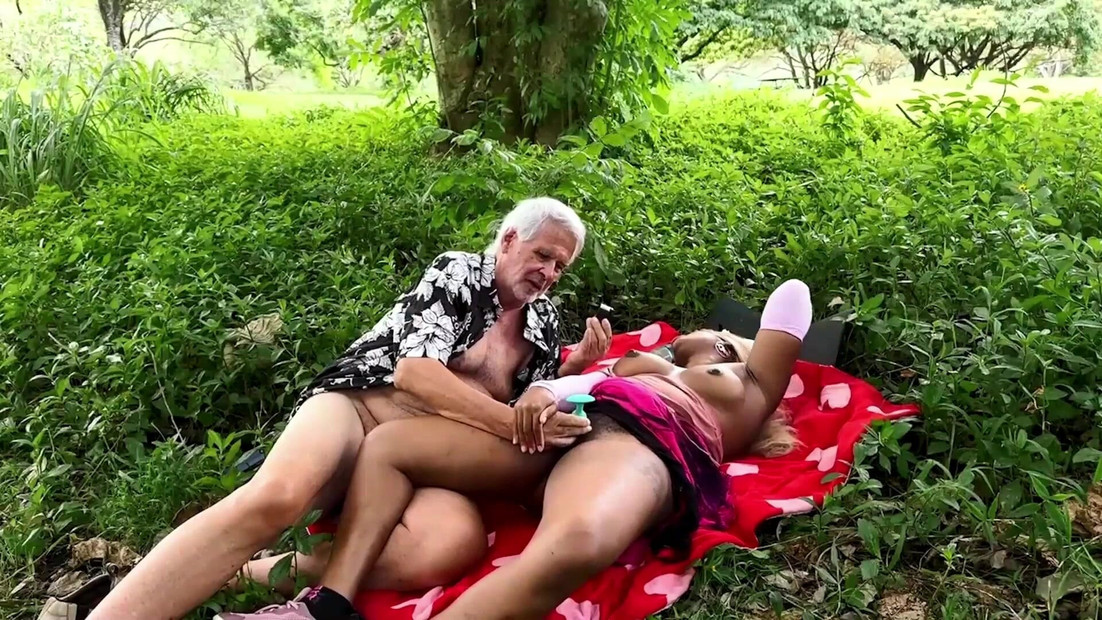 Using a little vibrator outdoors -- brings Pastel a nice orgasm.  Lovely pussy, great boobs